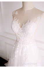 Ivory Tulle With Lace Round Neckline Long Wedding Party Dress, Ivory Tulle Evening Prom Dress