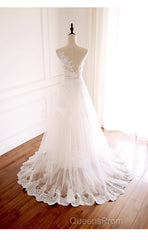 Ivory Tulle With Lace Round Neckline Long Wedding Party Dress, Ivory Tulle Evening Prom Dress