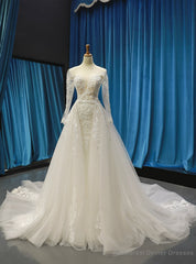 Ivory White Tulle Mermaid Appliques Beading Sequins Long Sleeve Wedding Dress With Removable Train