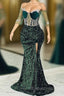 Jewel Mermaid Lace Applique Sequined Floor-length Half Sleeves High Split Evening Prom Dress