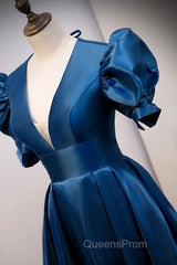 Blue V Neck Satin Short Sleeves Long Evening Prom Dress Blue Satin Evening Dress
