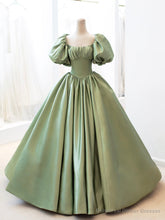 Green Satin Formal Evening Gown with Puff Sleeve, A-Line Long Prom Dress