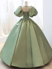 Green Satin Formal Evening Gown with Puff Sleeve, A-Line Long Prom Dress