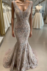 Lace Beaded Sexy African Dubai Evening Dress Mermaid Backless Evening Prom Dress Deep V-Neck Formal Party Bridesmaid Pageant Gowns