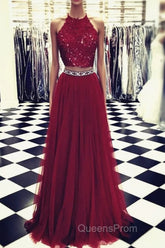 Lace Crop Top Tulle Evening Prom Dress Two Piece Evening Gowns Beaded Sashes