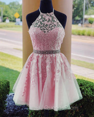 Lace Embroidery Halter Tulle Homecoming Dress Cross Back