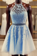 Lace Embroidery Halter Tulle Homecoming Dress Cross Back