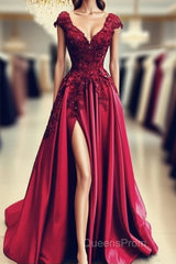 Lace Flowers Beaded Cap Sleeves V-Neck Evening Prom Dress Split Evening Gowns