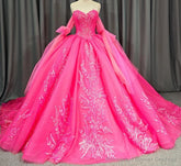 Lace Hot Pink Sequins Ball Gown Quinceaera Dress