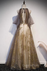 Lace Long Appliques Champagne Tulle Evening Prom Dress