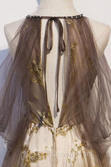 Lace Long Appliques Champagne Tulle Evening Prom Dress