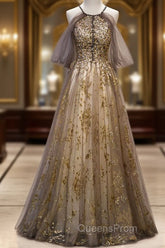 Lace Long Appliques Champagne Tulle Evening Prom Dress