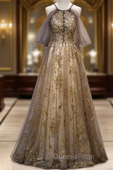 Lace Long Appliques Champagne Tulle Evening Prom Dress