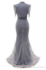 Lace Sequin Long Grey Prom Dresses High Neck Beaded Mermaid Long Evening Dresses