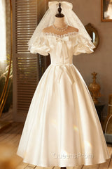 Lace Tea Length Bowknot White Satin Wedding Dress