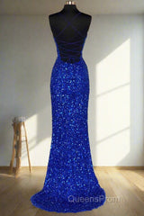 Lace-Up High Slit Royal Blue Glitters Long Party Dress