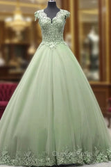 Lace V-Neck Cap Sleeve Tulle Ball Gown