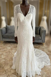 Lace V-Neck Lace-Up Back Long Sleeve Mermaid Wedding Dress