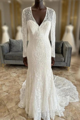 Lace V-Neck Lace-Up Back Long Sleeve Mermaid Wedding Dress