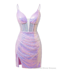 Lavender Lace-Up Plunging V Neck Sequins Sheath Homecoming Dress With Split Front Short Prom Dresses