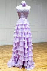 Lavender Long Tiered Prom Dress Ruffle High Neck With 3D Flower