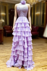 Lavender Long Tiered Violet Evening Prom Dress Ruffle High Neck With 3D Flower