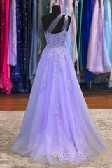 Lavender One Shoulder Appliques Lace Evening Prom Dress