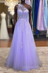 Lavender One Shoulder Appliques Lace Evening Prom Dress