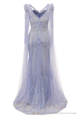 Lavender Prom Dresses Mermaid Heavily Beading Tulle Women Luxury Evening Dresses With Long Sleeves