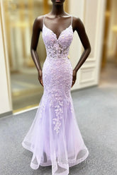 Lavender Spaghetti Straps Mermaid Evening Prom Dress With Appliques