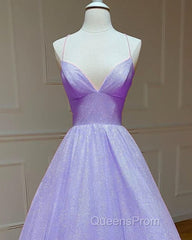 Lavender Sparkly Evening Prom Dress V Neck Ball Gown