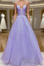 Lavender Sparkly Evening Prom Dress V Neck Ball Gown
