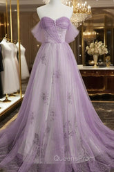 Lavender Tulle A-Line Beaded Off Shoulder Party Dress, Lavender Long Formal Dress