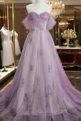 Lavender Tulle A-Line Beaded Off Shoulder Party Dress, Lavender Long Formal Dress