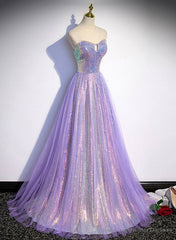 Lavender Tulle and Sequins Sweetheart Long Pary Dress, A-line Prom Dress Formal Dresses