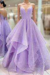 Lavender Tulle Long A-Line Evening Prom Dress, Lavender Beautiful Spaghetti Strap Evening Dress