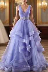 Lavender Tulle V-Neckline Layers Long Sweet 16 Dress, Light Purple Evening Prom Dress Party Dress