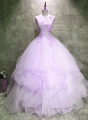Lavender Tulle with Flowers Ball Gown Sweet 16 Dress, Lavender Long Formal Dress