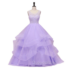 Lavender Tulle With Lace Ruffled Long Formal Gown, Ball Gown Sweet 16 Dress