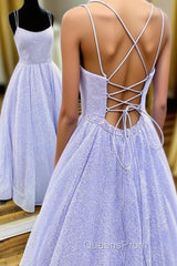 Lavender Spaghetti Strap Sparkly Evening Prom Dress Long, Shiny Long Evening Dress