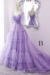 A Line V Neck New Style Tiered Long Tulle Evening Prom Dress, Evening Gown with Flower