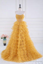 Layers Tulle Yellow Prom Dresses With Ruching Bodice