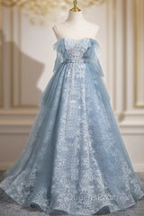 Light Blue A-Line Lace And Tulle Long Party Dress, Blue Round Neckline Evening Prom Dress
