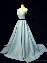Light Blue A line Long Prom Dress, Blue Formal Evening Dresses