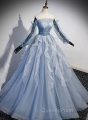 Light Blue Ball Gown Long Sleeves Beaded Party Dress, Light Blue Evening Prom Dress