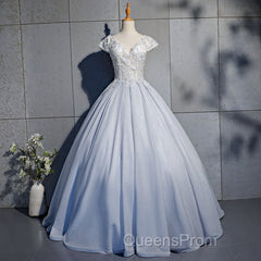 Light Blue Cap Sleeves Lace Top Ball Gown Sweet 16 Gown, Light Blue Evening Prom Dress Formal Dress