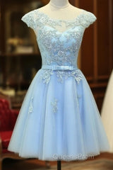 Light Blue Cap Sleeves Tea Length Vintage Style Formal Dress, Blue Homecoming Dress