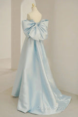 Light Blue Chic Satin Off Shoulder Long Party Dress, A-Line Light Blue Formal Dress