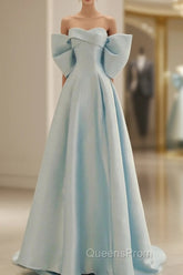 Light Blue Chic Satin Off Shoulder Long Party Dress, A-Line Light Blue Formal Dress