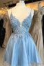 Light Blue Floral Lace Plunge Neck A-Line Short Party Dress